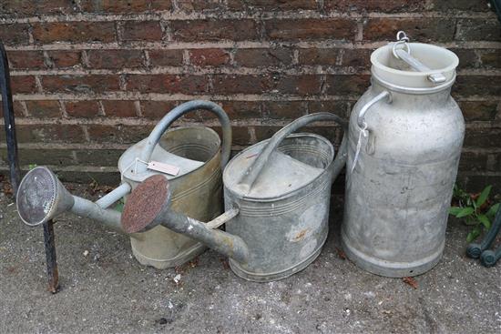 2 watering cans & milk churn